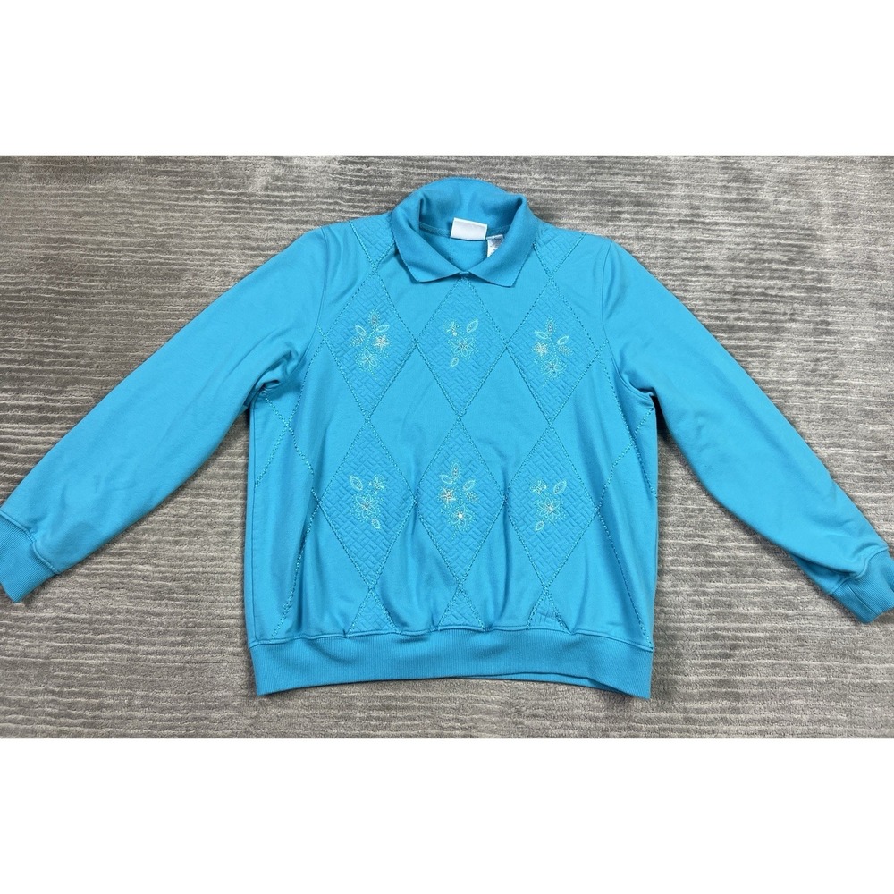 Alfred Dunner Sweater Womens Large Blue Floral‎ Embroidered Collared Long Sleeve